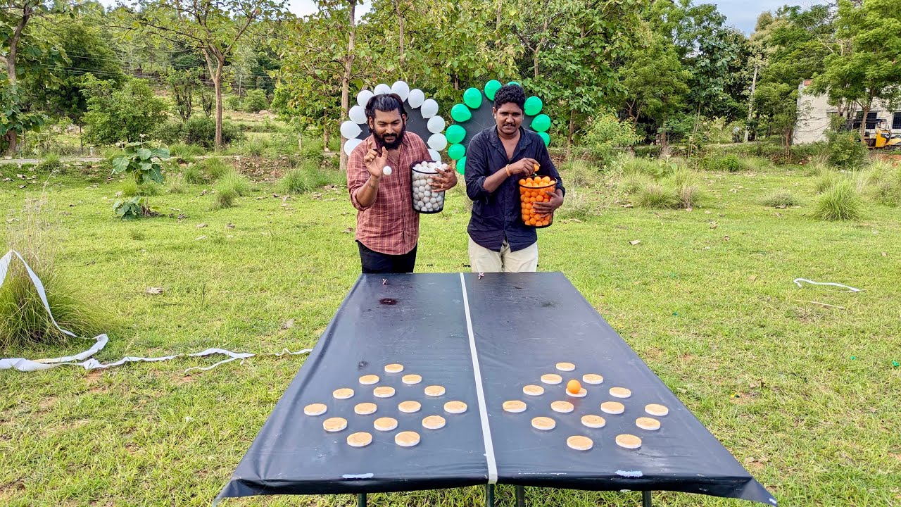 Drop ping pong balls into bread and butter and pop balloons challenge || Village Avengers