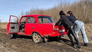 CAR STUCK || Two girls in a car stuck in the mud. Mud high heels and dirty sock.