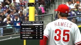 Hamels fans Olivo to record his 1,000th K