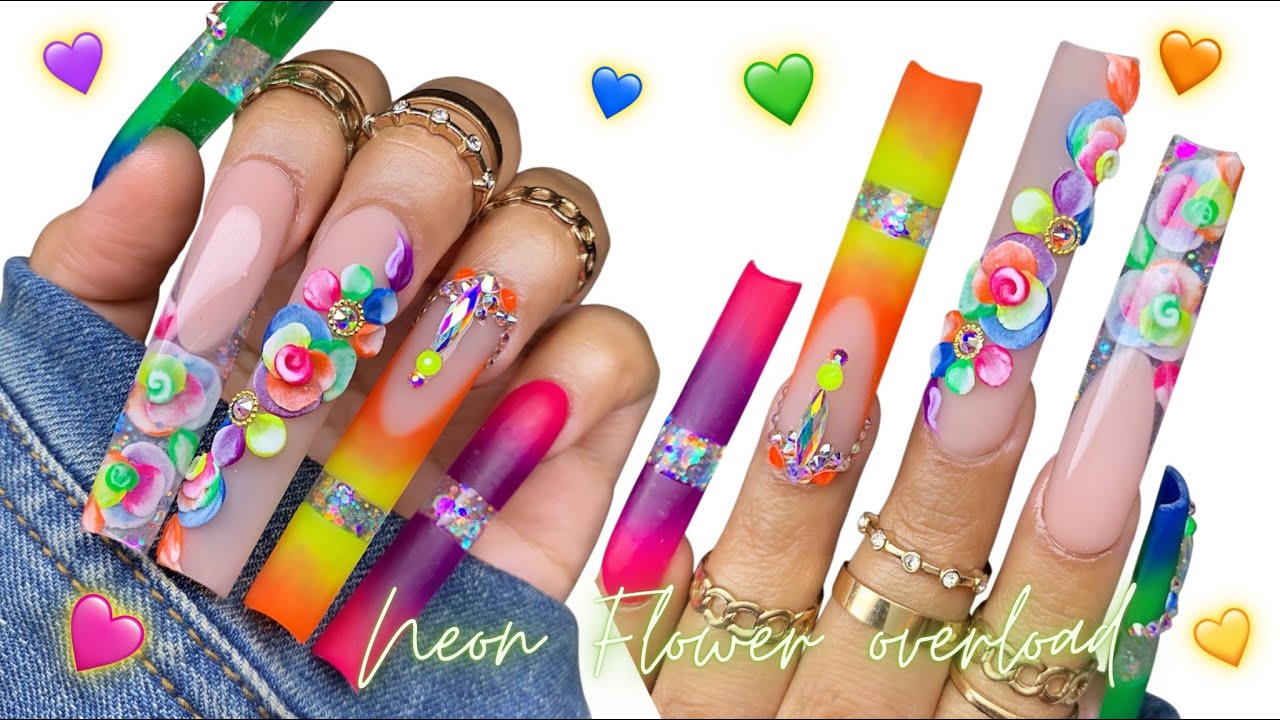 NEON 3D FLOWERS OVERLOAD/ XXL ACRYLIC NAILS