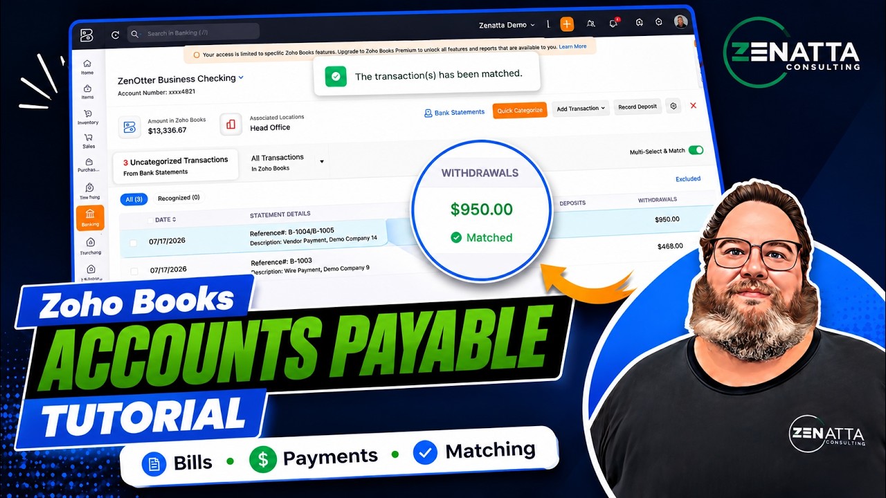 Zoho Books accounts payable tutorial covering vendor setup, bills, and payment matching