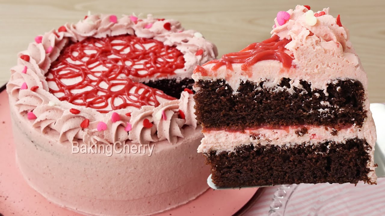 Soft and Moist Chocolate Cake with Strawberry Mousse Frosting made with Cream Cheese!