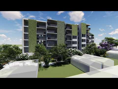 Exterior walkthrough, new, 64-apartment Bauhaus modernist apartment building, Sydney, NSW, Australia