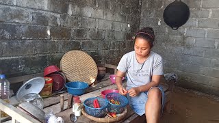 hidup di desa ambil sayur gude di kebun dan daun singkong untuk di masak bersama ikan bagong