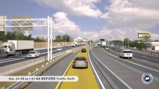 Digital simulation of before and after the June 2015 traffic shift of the Rt 34 off-ramp to I-91 NB