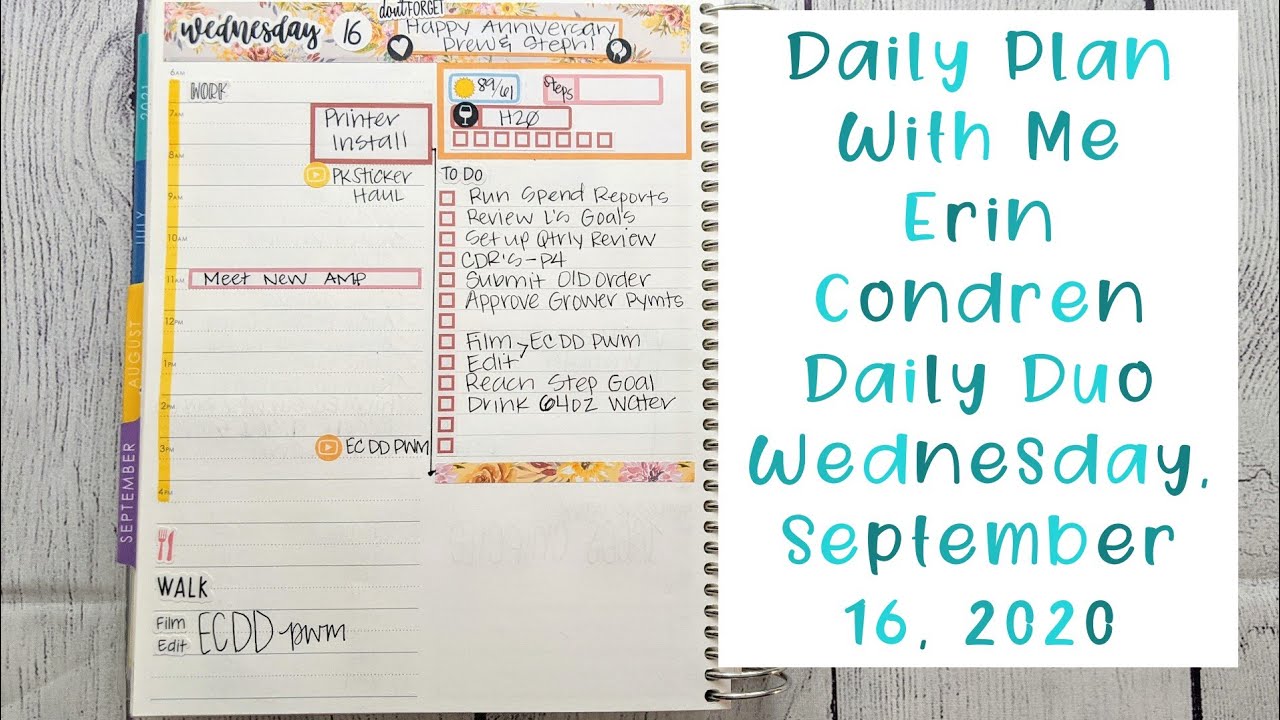 Erin Condren Daily Duo | Daily Planning | Wednesday, September 16, 2020 ...