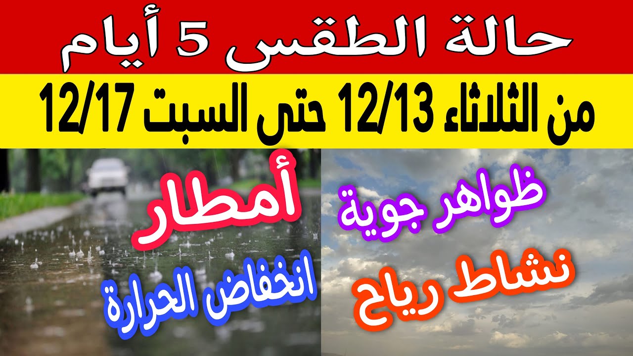 صورة فيديو : حالة الطقس خلال 5 أيام قادمة من الثلاثاء 12/13 وحتى السبت 12/17 واماكن سقوط الامطار والظواهر الجوية