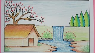 Cara Menggambar Pemandangan Air Terjun Dan Rumah - Scenery Drawing