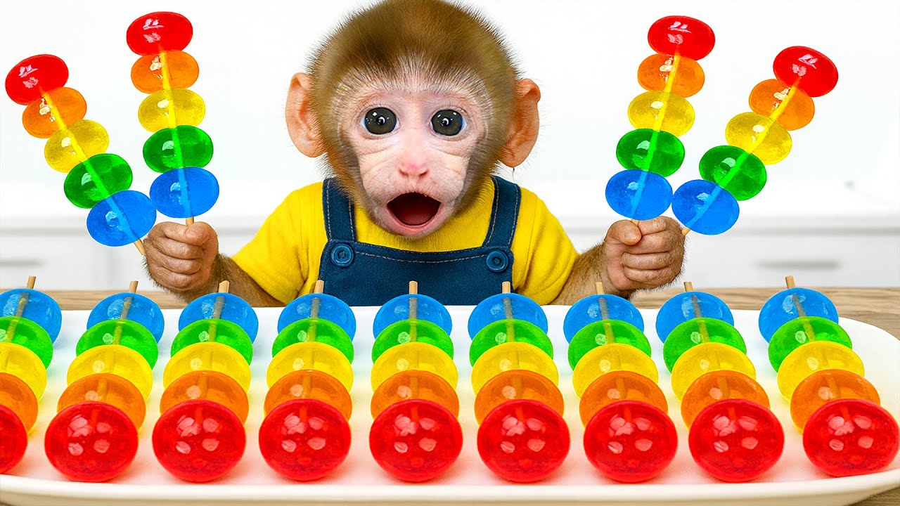 Monito Bebé Amor compra gelatina arcoíris para patito y perrito - Mono Amor