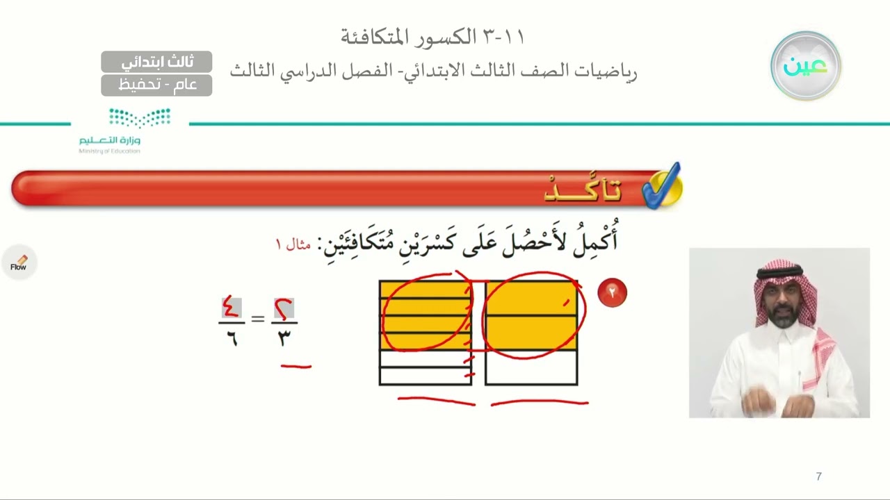 الكسور المتكافئة - الرياضيات - ثالث ابتدائي