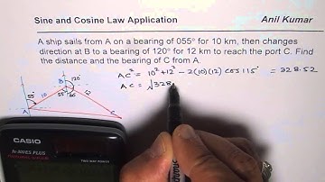 Find Distance and Bearing of a Ship After two turns Sine Cosine Law Application