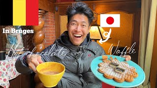 Japanese guy tries an authentic WAFFLE, HOT CHOCOLATE and BEER in Bruges, Belgium🇧🇪