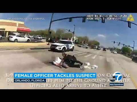 Bodycam video shows female officer tackling man suspected of breaking into cars