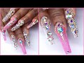 XXL Coffin JELLY Pink Glitter Bling Birthday Nails - Start To Finish - Detailed Bling Application