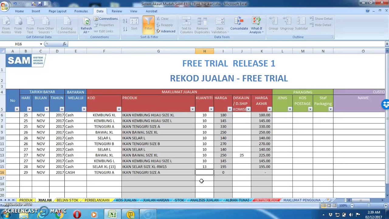 Format Akaun Perniagaan Excel