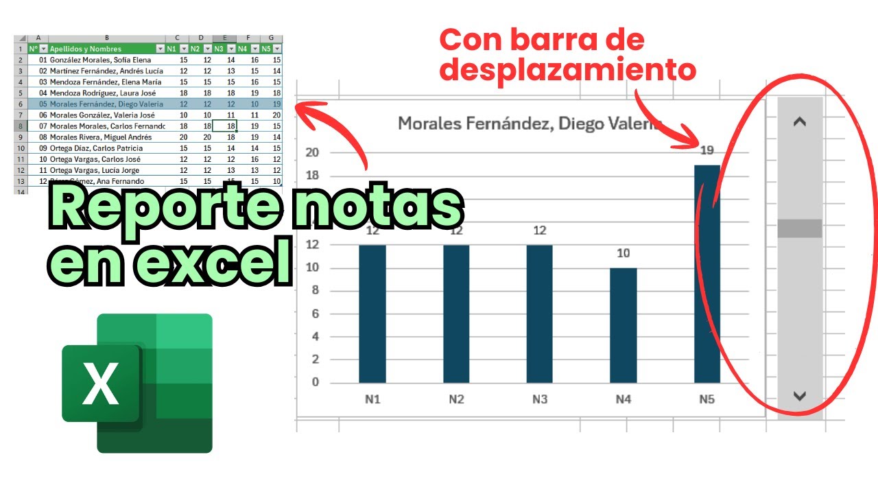 📊 Reporte de notas de alumnos en excel - Dinámico - Con barra de desplazamiento - Gráfico de barras