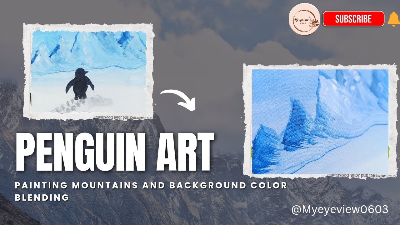 Snowy Mountains painting and penguin walking alone painting |art on canvas|poster colours blending|