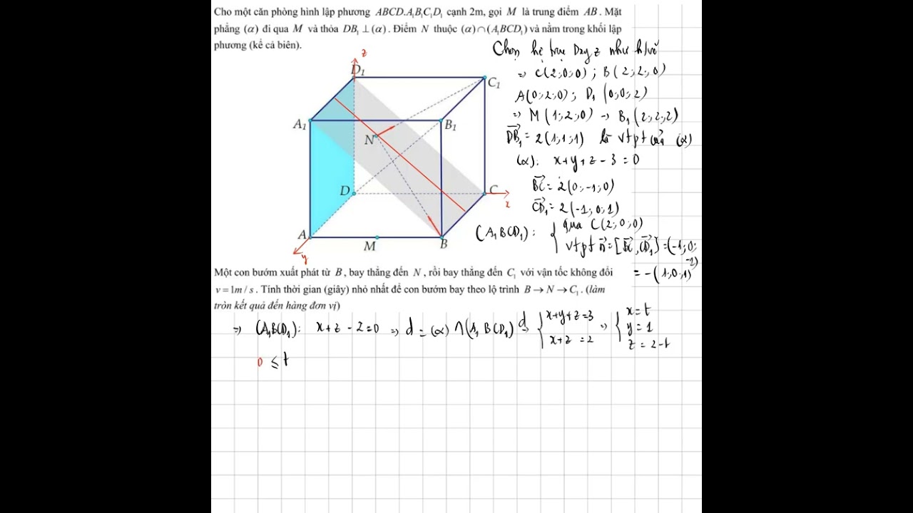 Кубическая комната со сторонами 2 м. Пусть M — середина отрезка AB, и пусть задана плоскость, про...
