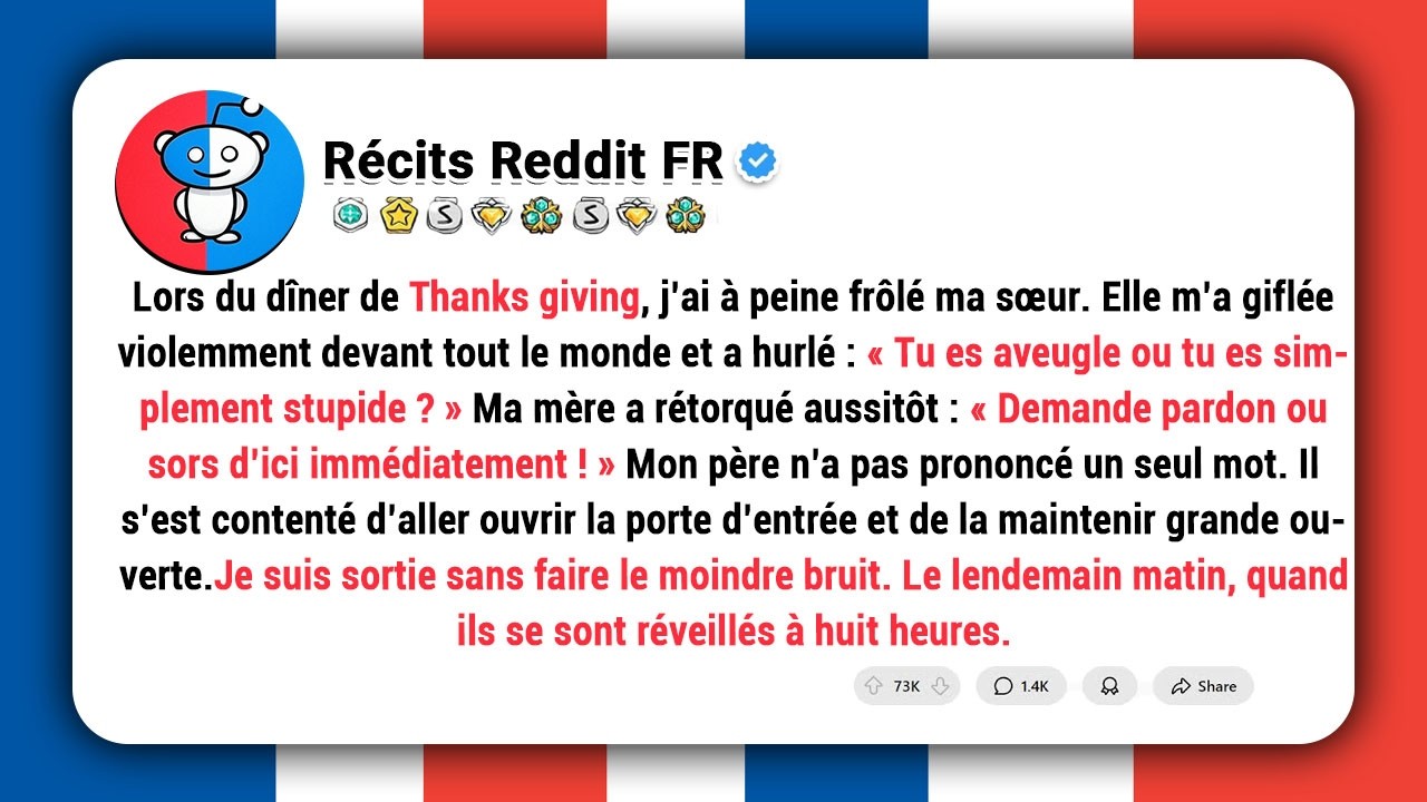 Elle m’a giflée devant vingt-cinq membres de ma famille. Ma mère m’a ordonné de demander pardon. Mon père a tenu la porte ouverte. Je suis partie sans un mot. Le lendemain matin, je me suis...