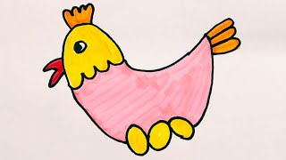 how to draw Cute Chicken and Eggs drawing for toddlers ,Easy step by step,and colouring,🐓