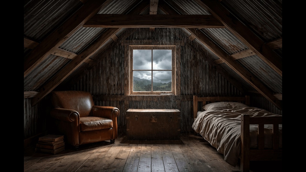 Light Storm on Tin Roof Attic 🌩️ | Cozy Metal Rain Sounds for Deep Sleep | AI ASMR 4K | 2 hour