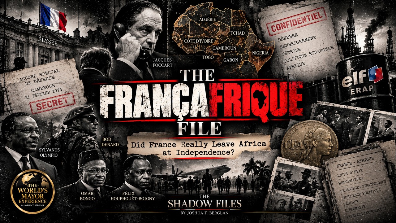 The Shadow Files Episode 6, The Françafrique File: Did France really leave Africa at independence? Cover art showing Jacques Foccart, the Élysée, a secret 1974 France–Cameroon defense agreement, Elf-ERAP oil barrels, Sylvanus Olympio, Omar Bongo and Félix Houphouët-Boigny.