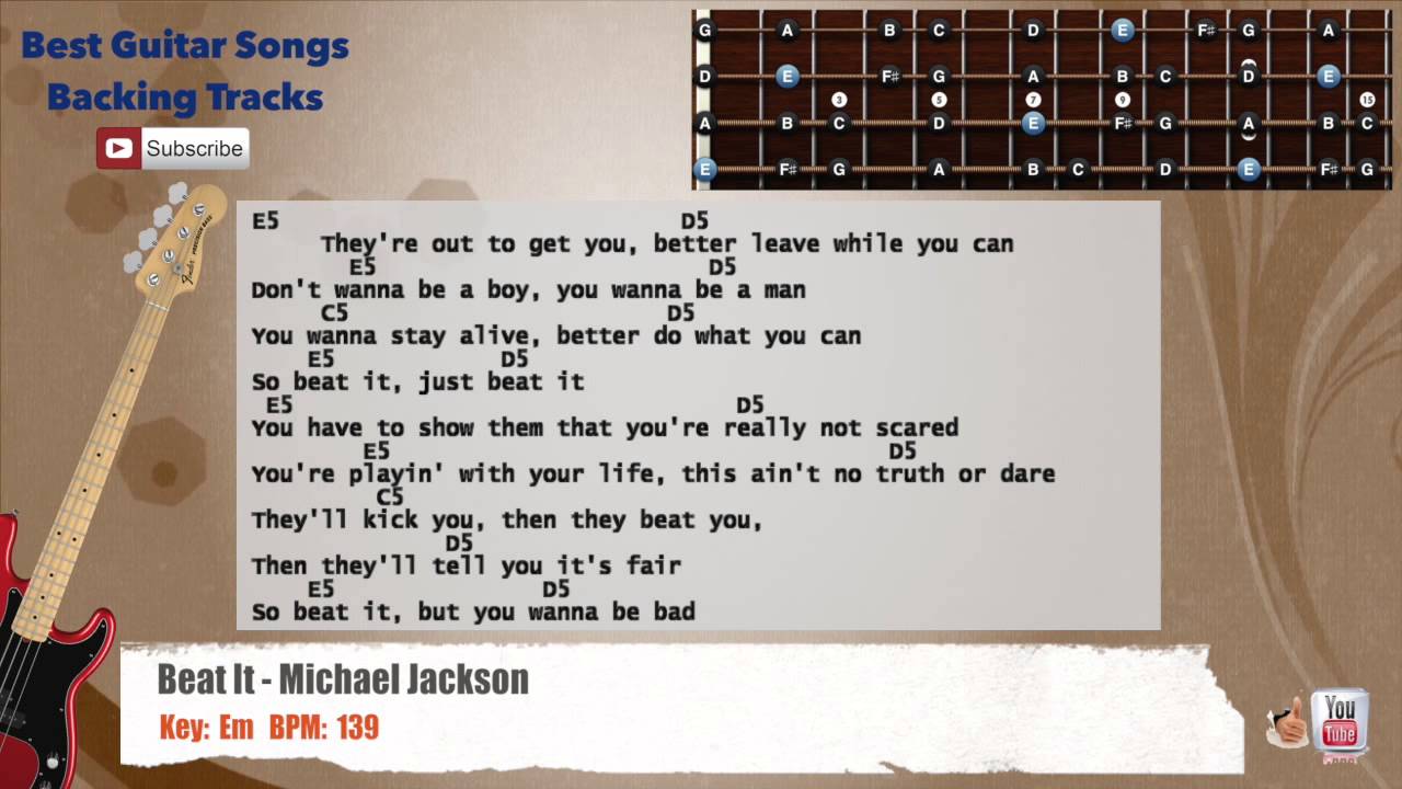 Beat It Michael Jackson Bass Backing Track With Scale Chords And Lyrics Youtube