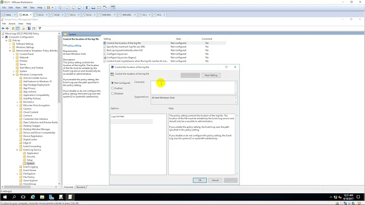 Modify the location of the log file using Group Policy in Windows Server 2016