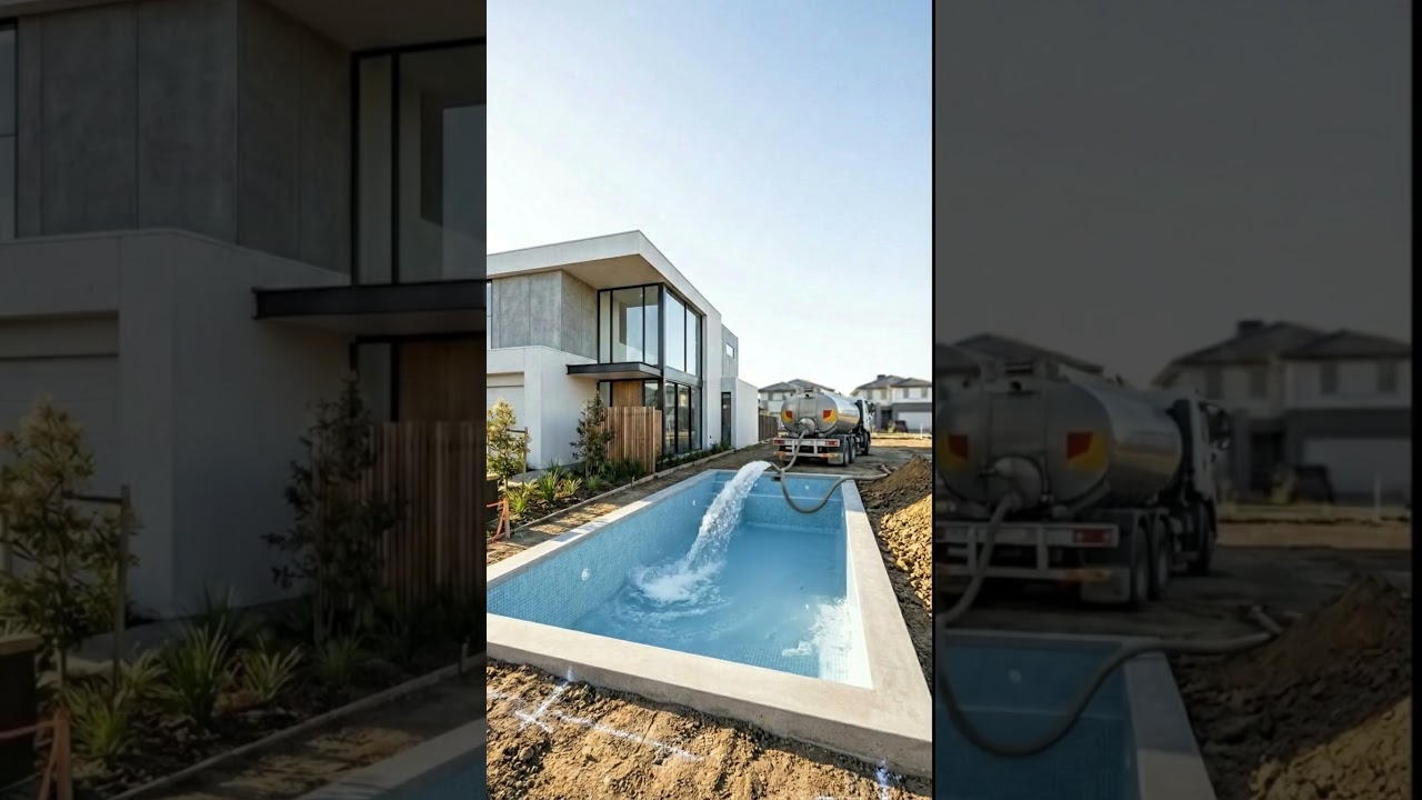 Finished modern building and precise pool construction progress