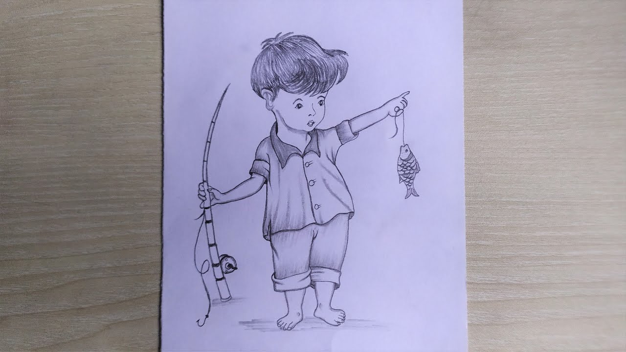 How To Draw A Little Boy Holding Fishing Stick and Fish