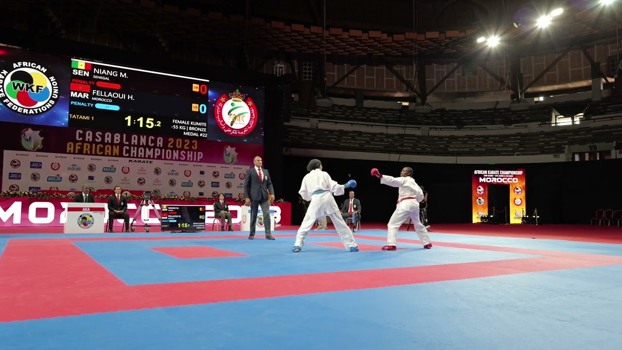 Bronze medal bout with NIANG MAIMOUNA (SENEGAL) vs FELLAOUI HIBA (MOROCCO) in FEMALE KUMITE -55 KG during 2023 UFAK championships in Casablanca (Morocco)