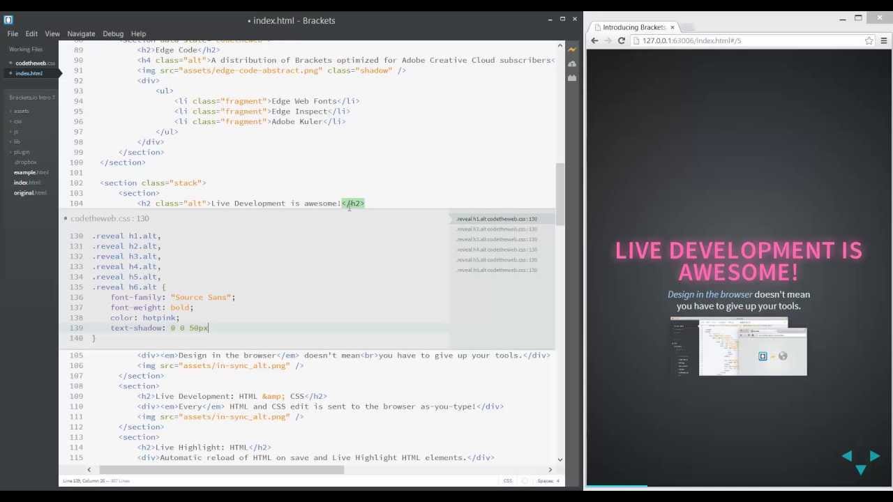 Alt live. Brackets редактор кода. Brackets Style.html. Live html. Верстка сайта в html Brackets.