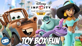 Disney Infinity 3.0 Mater Randall and Jasmine Toy Box Fun with Owen and Liam in one of our new Toy Box builds. We play some 