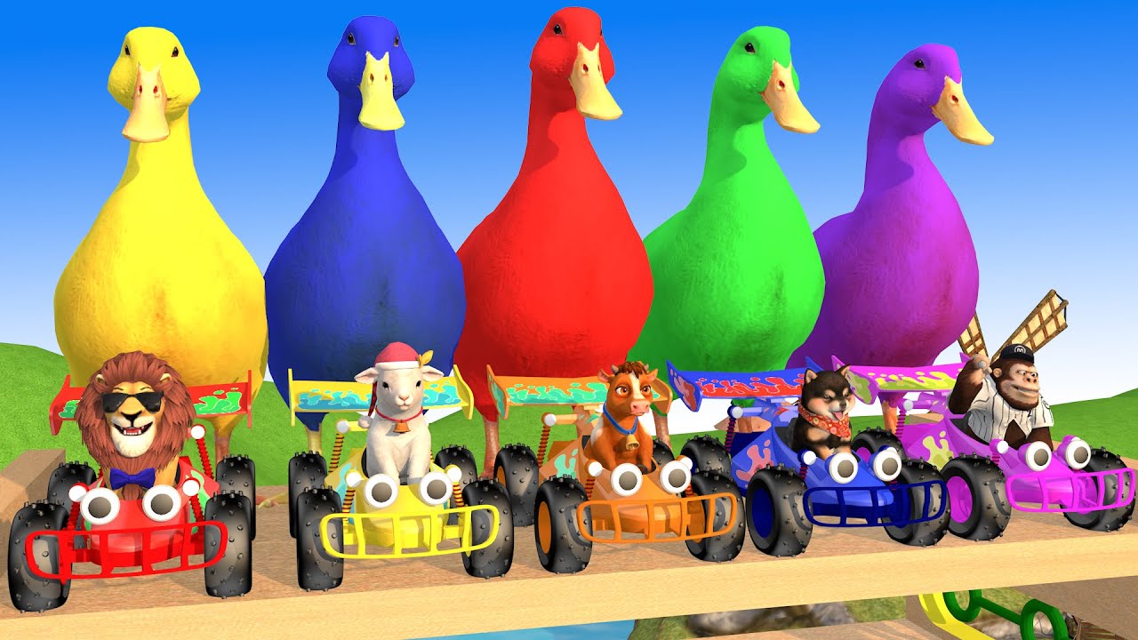 5 Giant Duck Cartoon,Cow,Dinosaur,Lion,Elephant,Hippo Paint Wild Animals Crossing Fountain Animation