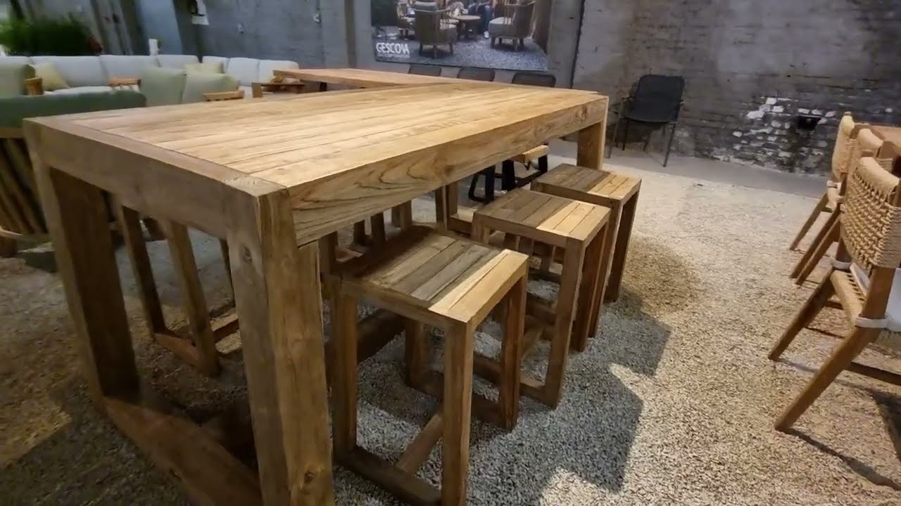 Table de bar et tabouret haut Hermosa en teck recyclé