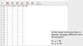 JASP: Single Sample Mean t Test (Atlanta Commute Times)