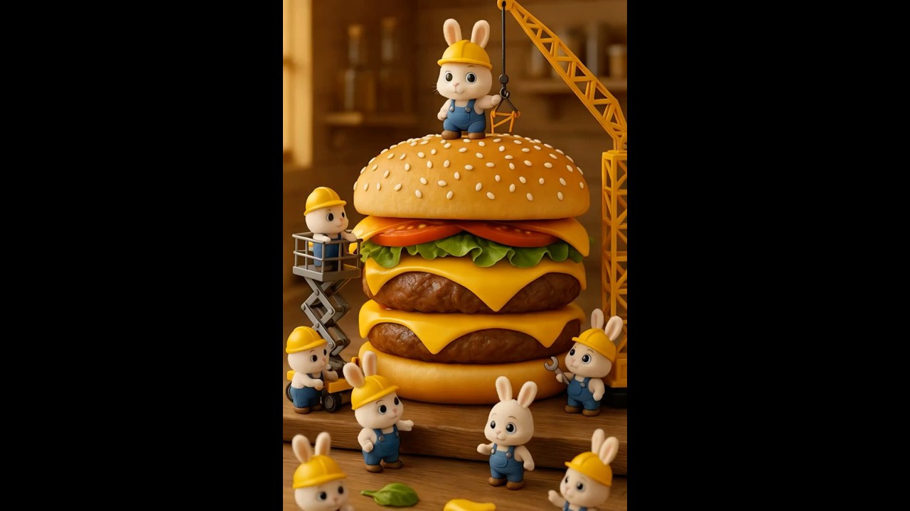 Mini Bunny Chefs Build a Giant Burger Tower! 🍔🐰