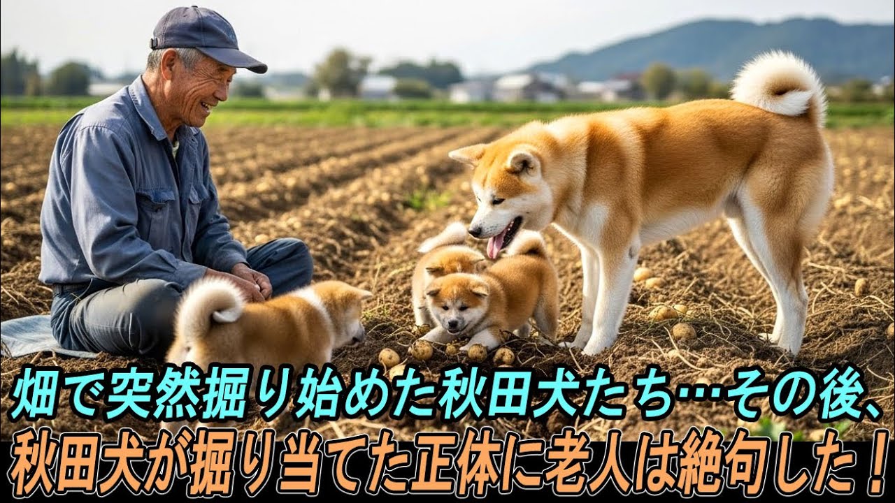 秋田犬の群れと畑に向かった老人…その後、秋田犬が掘り当てた“正体”に老人は絶句した！
