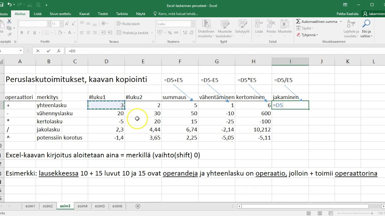 Excel 2016 III   Peruslaskutoimitukset ja kaavan kopiointi summan laskeminen