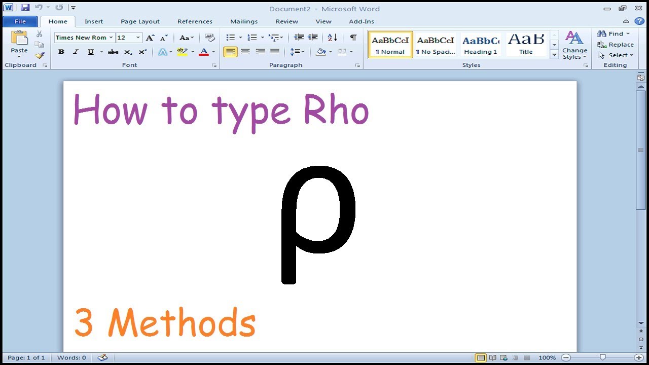 How To Type Rho Symbol In Microsoft Word Youtube