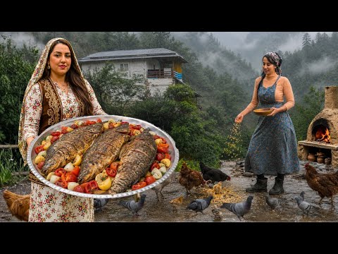  Rainy Village Life in Northern Iran : Cooking Georgian Stuffed Carp Fish in a Clay Oven 🐟🔥🌧️