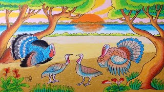 Cara Menggambar Ayam Kalkun Dan Pemandangan Tepi Sungai Dengan Crayon/Oil Pastel