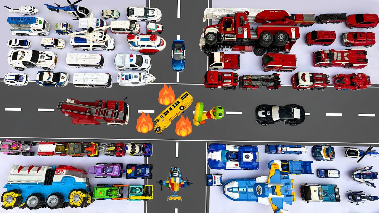 Huge 100+ Toys Emergency Vehicles Collection: Rescue Team Paw Patrol, Fire Truck, Police, Helicopter