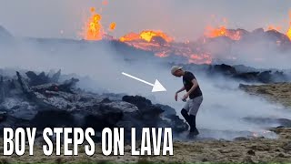 Boy Steps On The Lava And Burns His Hand While Cooking Something On Lava. Iceland Volcano 10.07.23