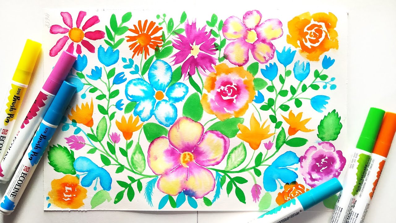 Easy Watercolor Flowers Painting For Beginners Brush Pen Ecoline