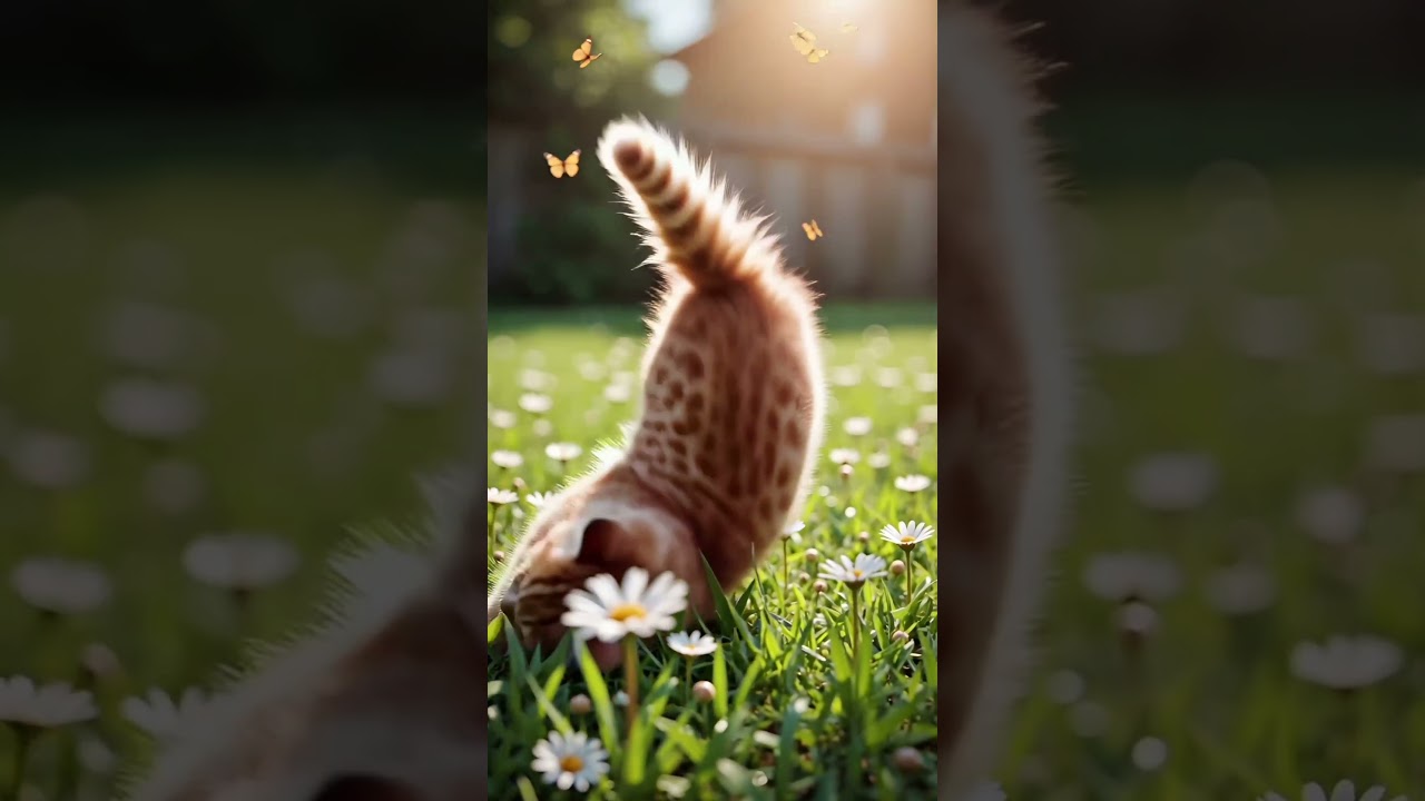 Kitten plays with butterflies 