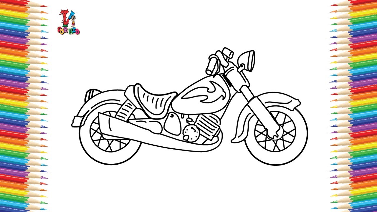 Page shows how to learn step by step to draw motorcycle. Stock