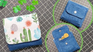 DIY Cute No Zipper Trifold Denim and Printed Fabric Wallet | Old Jeans Idea | Easy Sewing Project