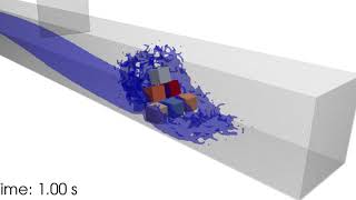 3D dam breaking flow hitting six stacked cubes