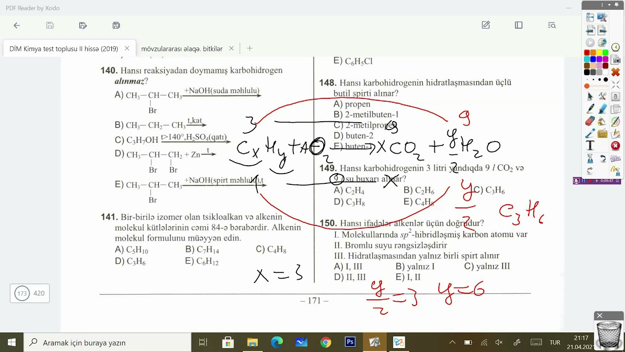 Kimya  DİM test toplusu 2019 Alkenlər 141 - 180
